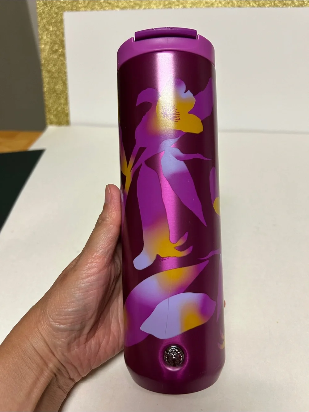Starbucks Pink Purple Floral Vacuum Insulated Tumbler 16 OZ Flip Top Thermos
